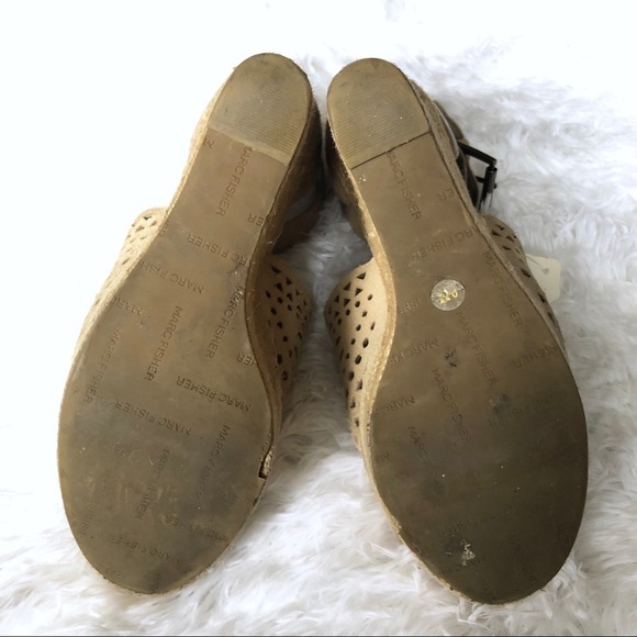 Marc Fisher Hasina Espadrille Suede Wedges 9 Tan Open Peep Toe Cutout Buckle - Picture 4 of 8